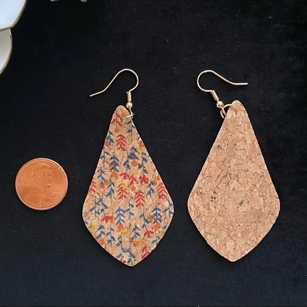 Flower Leaf Print Teardrop Shape Lightweight Cork Drop Earrings NWT